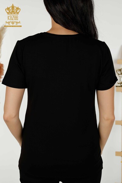 Wholesale Women's Blouse - Short Sleeve - Patterned - Black - 79304 | KAZEE - Thumbnail