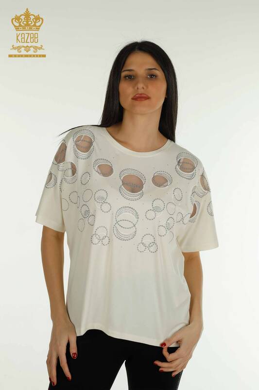 Wholesale Women's Blouse Short Sleeve Patterned Ecru - 79094 | KAZEE