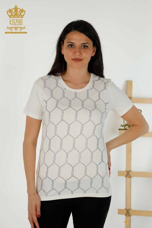 Wholesale Women's Blouse - Short Sleeve - Patterned - Ecru - 79304 | KAZEE