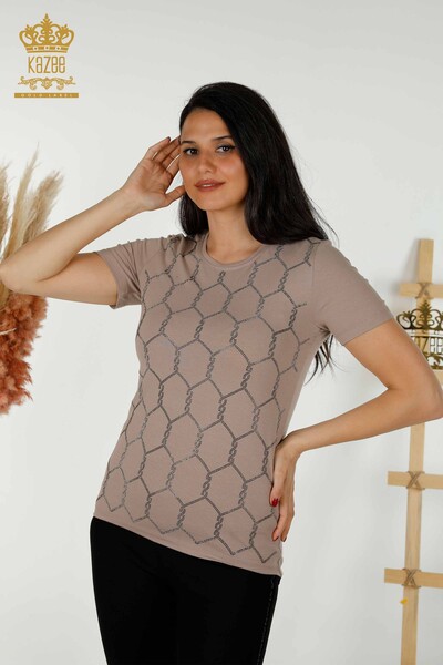 Wholesale Women's Blouse - Short Sleeve - Patterned - Mink - 79304 | KAZEE - Thumbnail