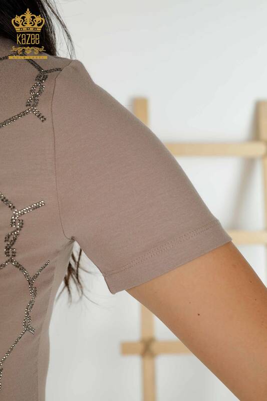 Wholesale Women's Blouse - Short Sleeve - Patterned - Mink - 79304 | KAZEE