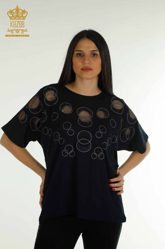 Wholesale Women's Blouse - Short Sleeve - Patterned - Navy Blue - 79094 | KAZEE