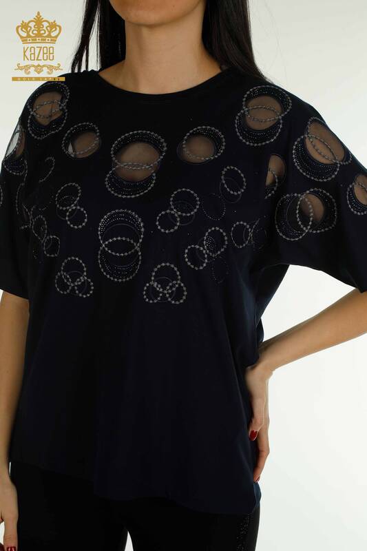 Wholesale Women's Blouse - Short Sleeve - Patterned - Navy Blue - 79094 | KAZEE