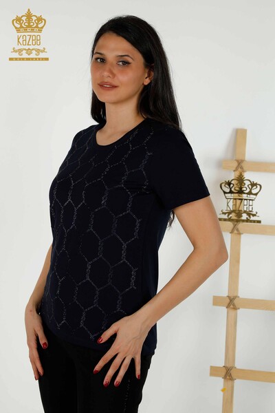 Wholesale Women's Blouse - Short Sleeve - Patterned - Navy Blue - 79304 | KAZEE - Thumbnail
