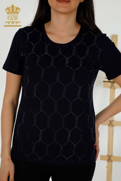 Wholesale Women's Blouse - Short Sleeve - Patterned - Navy Blue - 79304 | KAZEE - Thumbnail