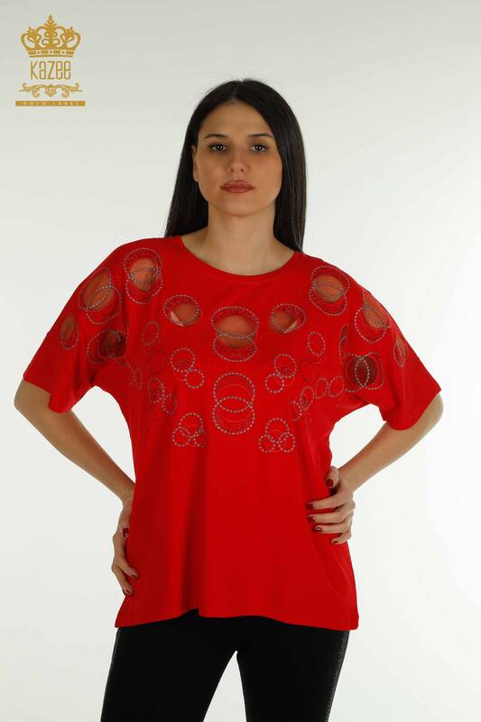 Wholesale Women's Blouse - Short Sleeve - Patterned - Red - 79094 | KAZEE