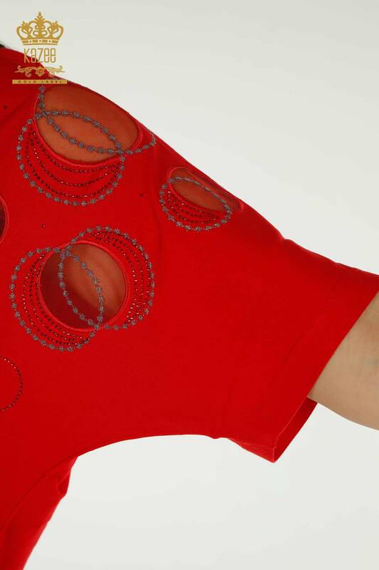 Wholesale Women's Blouse - Short Sleeve - Patterned - Red - 79094 | KAZEE