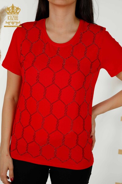 Wholesale Women's Blouse - Short Sleeve - Patterned - Red - 79304 | KAZEE - Thumbnail
