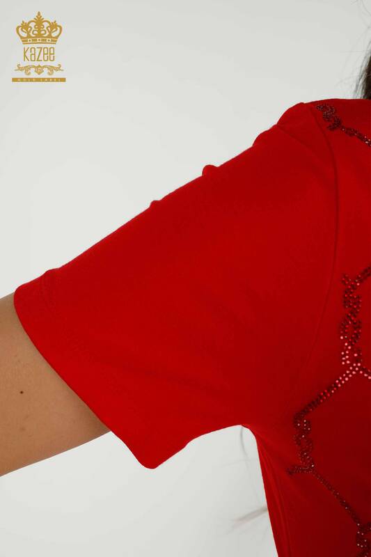 Wholesale Women's Blouse - Short Sleeve - Patterned - Red - 79304 | KAZEE