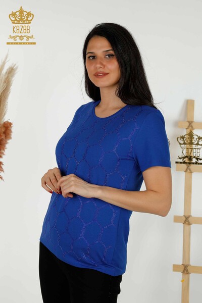 Wholesale Women's Blouse - Short Sleeve - Patterned - Sax - 79304 | KAZEE - Thumbnail