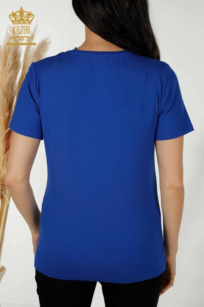 Wholesale Women's Blouse - Short Sleeve - Patterned - Sax - 79304 | KAZEE - Thumbnail