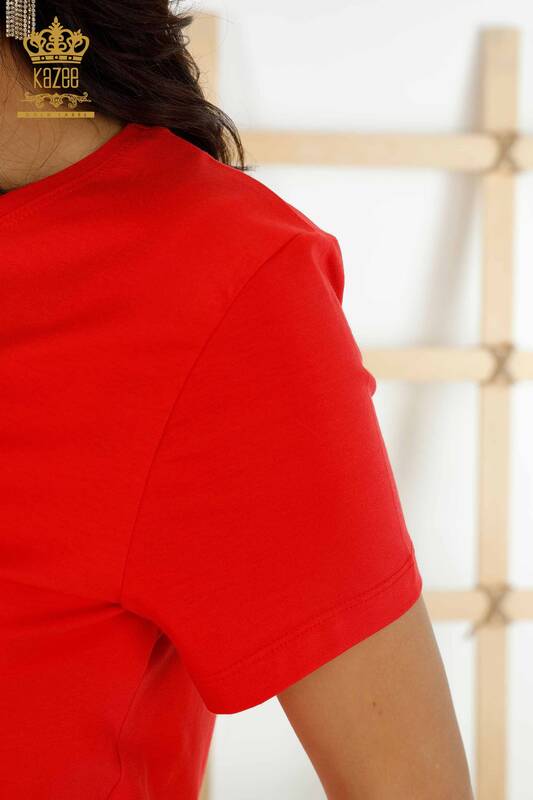 Wholesale Women's Blouse Short Sleeve Red - 79178 | KAZEE