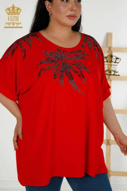Wholesale Women's Blouse Short Sleeve Red - 79324 | KAZEE