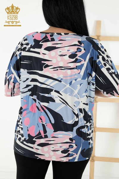 Wholesale Women's Blouse - Short Sleeve - Stone Embroidered - Blue - 77897 | KAZEE - Thumbnail