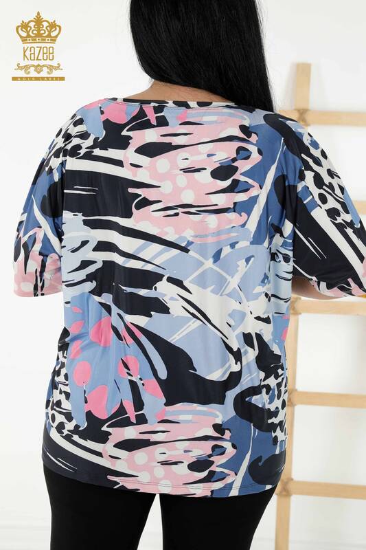 Wholesale Women's Blouse - Short Sleeve - Stone Embroidered - Blue - 77897 | KAZEE
