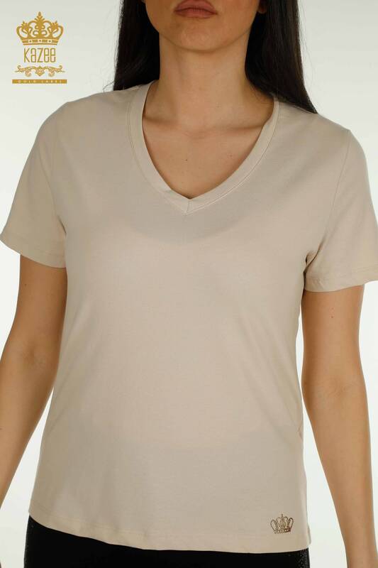 Wholesale Women's Blouse Short Sleeve Light Beige - 79561 | KAZEE