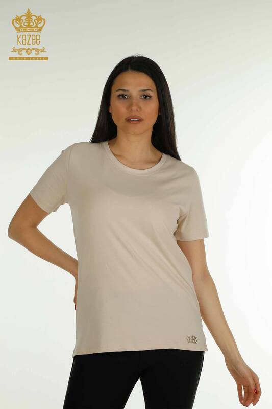 Wholesale Women's Blouse Short Sleeve Light Beige - 79563 | KAZEE