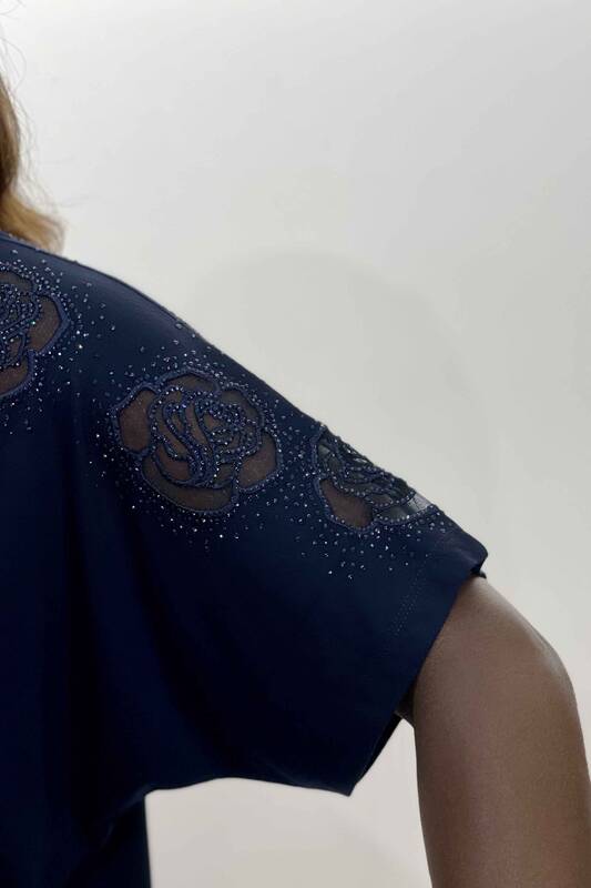 Wholesale Women's Blouse Short Sleeve Sleeves Rose Detail - 77451 | KAZEE