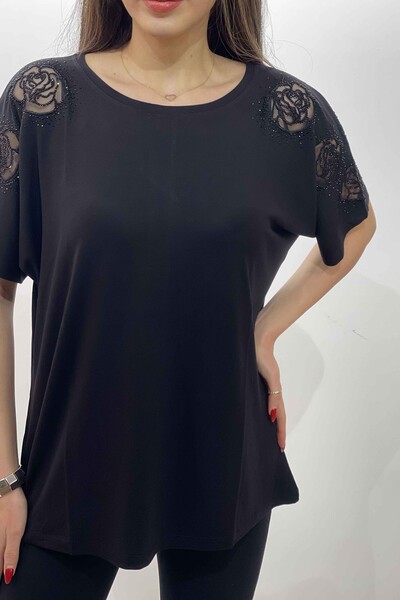 Wholesale Women's Blouse Short Sleeve Sleeves Rose Detail - 77451 | KAZEE - Thumbnail