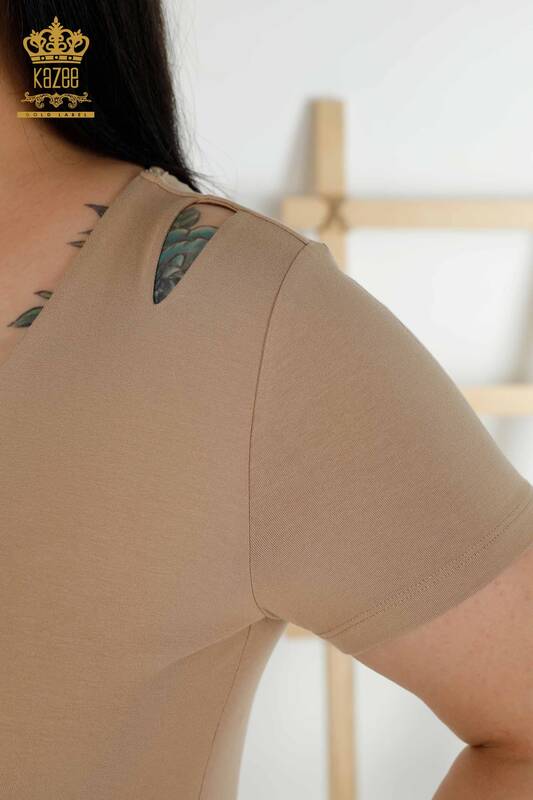 Wholesale Women's Blouse Shoulder Detailed Beige - 79220 | KAZEE