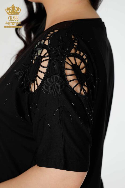 Wholesale Women's Blouse Shoulder Detailed Black - 77985 | KAZEE