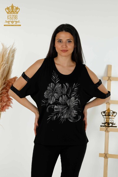 Wholesale Women's Blouse - Shoulder Detailed - Black - 79289 | KAZEE - Thumbnail