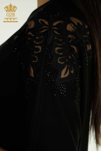 Wholesale Women's Blouse with Shoulder Detail Black - 79527 | KAZEE - Thumbnail
