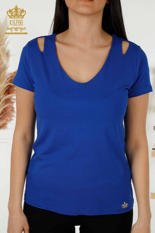 Wholesale Women's Blouse Shoulder Detailed Dark Blue - 79220 | KAZEE