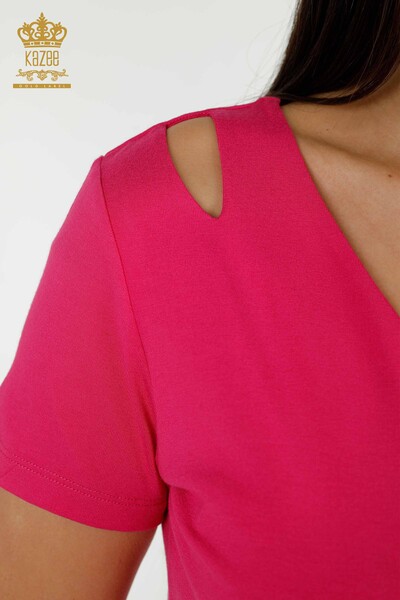 Wholesale Women's Blouse - Shoulder Detailed - Fuchsia - 79220 | KAZEE - Thumbnail