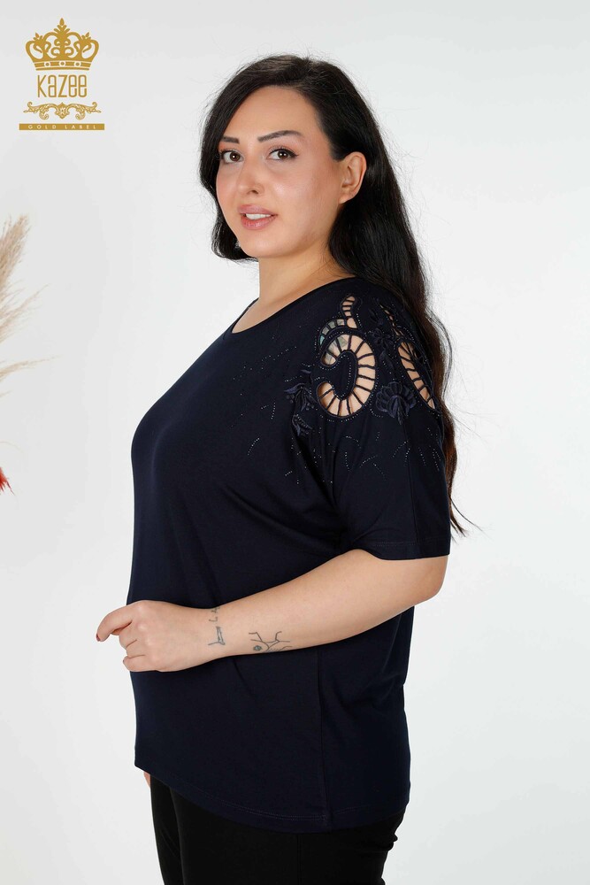 Wholesale Women's Blouse Shoulder Detailed Navy Blue - 77985 | KAZEE - 2