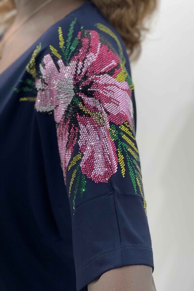Wholesale Women's Blouse With Rhinestone Flower Pattern On Shoulder Short Sleeve - 77800 | KAZEE - Thumbnail