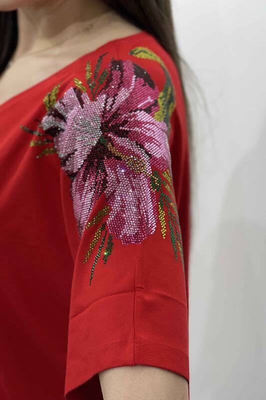 Wholesale Women's Blouse With Rhinestone Flower Pattern On Shoulder Short Sleeve - 77800 | KAZEE