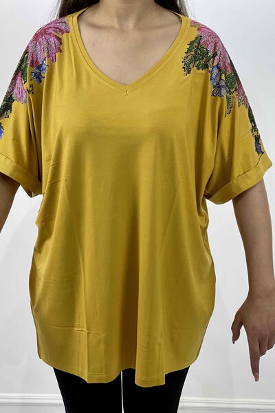 Wholesale Women's Blouse On Shoulder Stone Floral Patterned Double Sleeve - 77799 | KAZEE - Thumbnail
