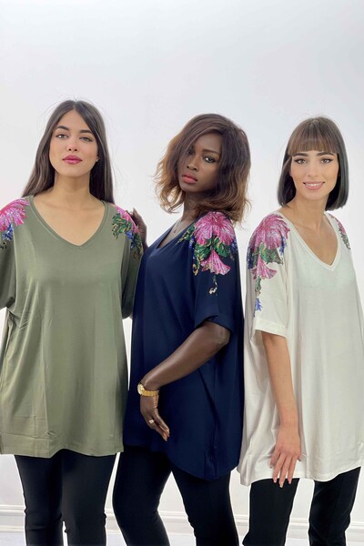 Wholesale Women's Blouse On Shoulder Stone Floral Patterned Double Sleeve - 77799 | KAZEE - Thumbnail