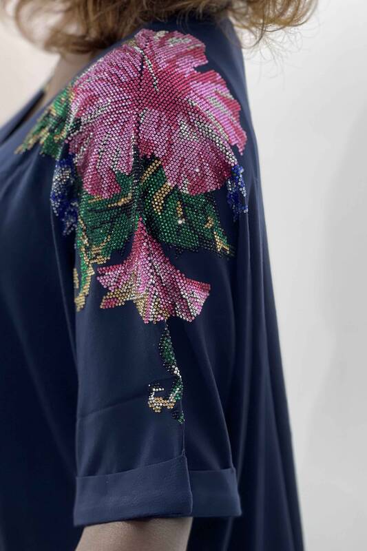 Wholesale Women's Blouse On Shoulder Stone Floral Patterned Double Sleeve - 77799 | KAZEE