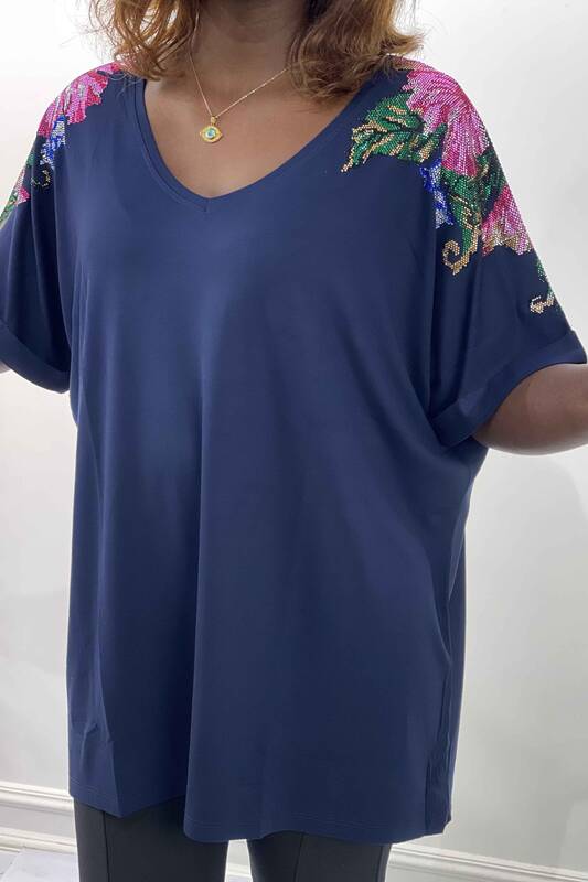 Wholesale Women's Blouse On Shoulder Stone Floral Patterned Double Sleeve - 77799 | KAZEE
