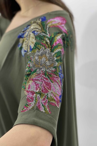 Wholesale Women's Blouse With Rhinestone Flower Pattern on the Shoulder Plus Size - 77714 | KAZEE - Thumbnail