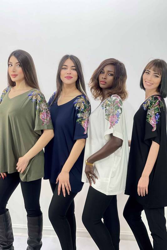 Wholesale Women's Blouse With Rhinestone Flower Pattern on the Shoulder Plus Size - 77714 | KAZEE