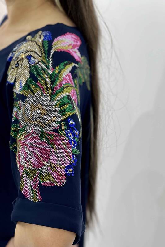 Wholesale Women's Blouse With Rhinestone Flower Pattern on the Shoulder Plus Size - 77714 | KAZEE