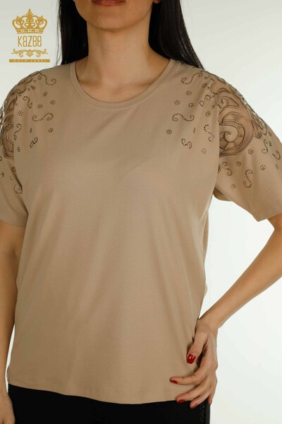 Wholesale Women's Blouse Shoulder Tulle Detailed Beige - 79456 | KAZEE - Thumbnail