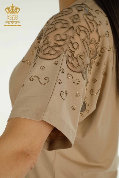 Wholesale Women's Blouse Shoulder Tulle Detailed Beige - 79456 | KAZEE - Thumbnail