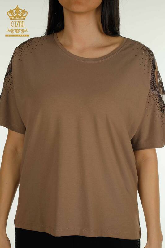Wholesale Women's Blouse Shoulder Tulle Detailed Brown - 79553 | KAZEE