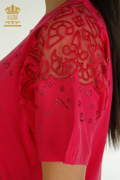 Wholesale Women's Blouse Shoulder Tulle Detailed Fuchsia - 79456 | KAZEE - Thumbnail