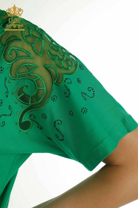 Wholesale Women's Blouse Shoulder Tulle Detailed Green - 79456 | KAZEE