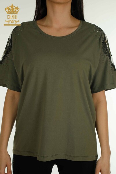 Wholesale Women's Blouse Shoulder Tulle Detailed Khaki - 79553 | KAZEE - Thumbnail
