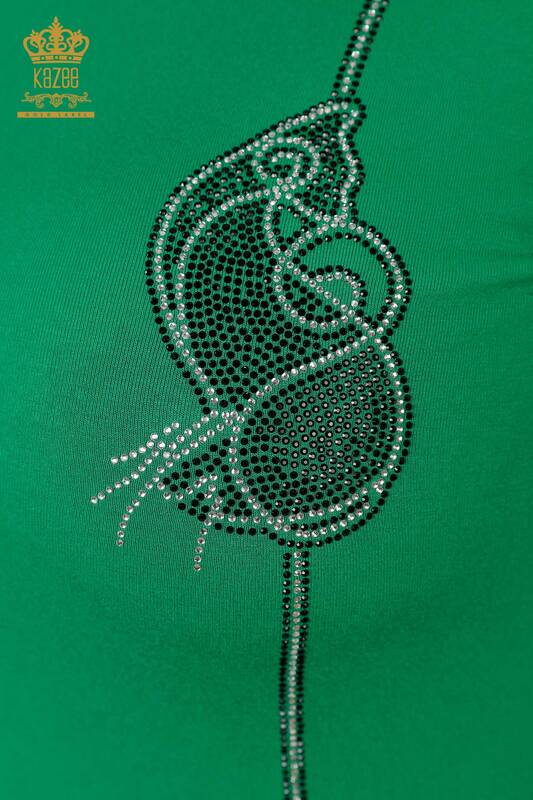 Wholesale Women's Blouse Stone Embroidered Crew Neck Green - 79000 | KAZEE