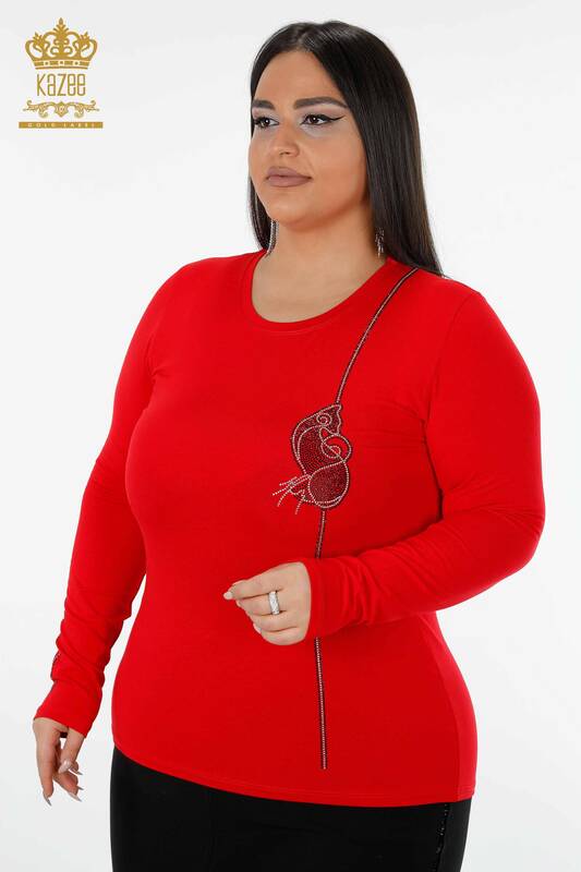 Wholesale Women's Blouse Stone Embroidered Crew Neck Red - 79000 | KAZEE