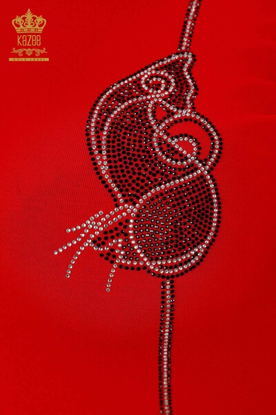 Wholesale Women's Blouse Stone Embroidered Crew Neck Red - 79000 | KAZEE - Thumbnail