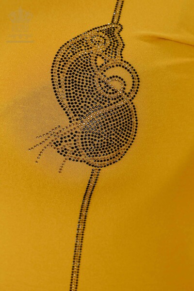 Wholesale Women's Blouse Stone Embroidered Crew Neck Saffron - 79000 | KAZEE - Thumbnail