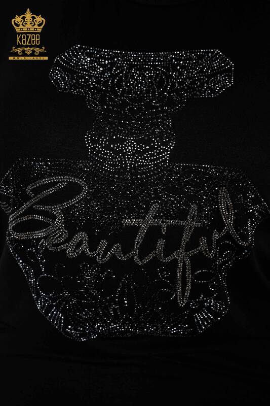 Wholesale Women's Blouse Stone Embroidered Black - 78866 | KAZEE